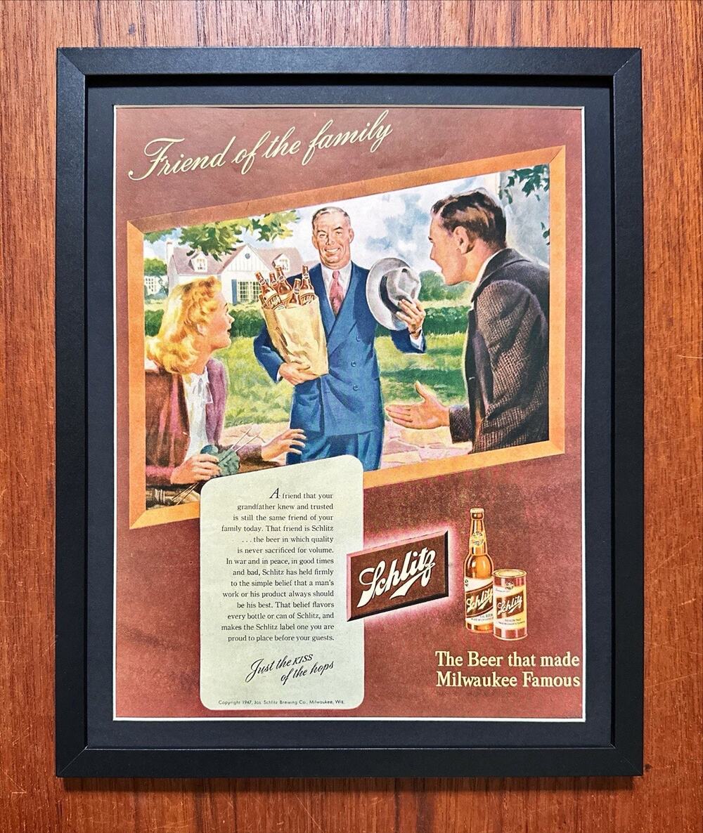 Framed 1947 VTG Original Ad Schlitz Beer Milwaukee Famous Friend of the Family